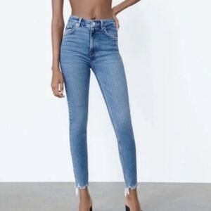 Zara Blue High Rise Skinny Distressed Hem Ankle Jeans Pants